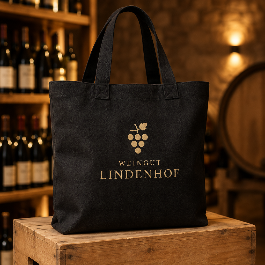 Beispiel einer bedruckten Baumwolltasche mit fiktiver Marke Weingut Lindenhof