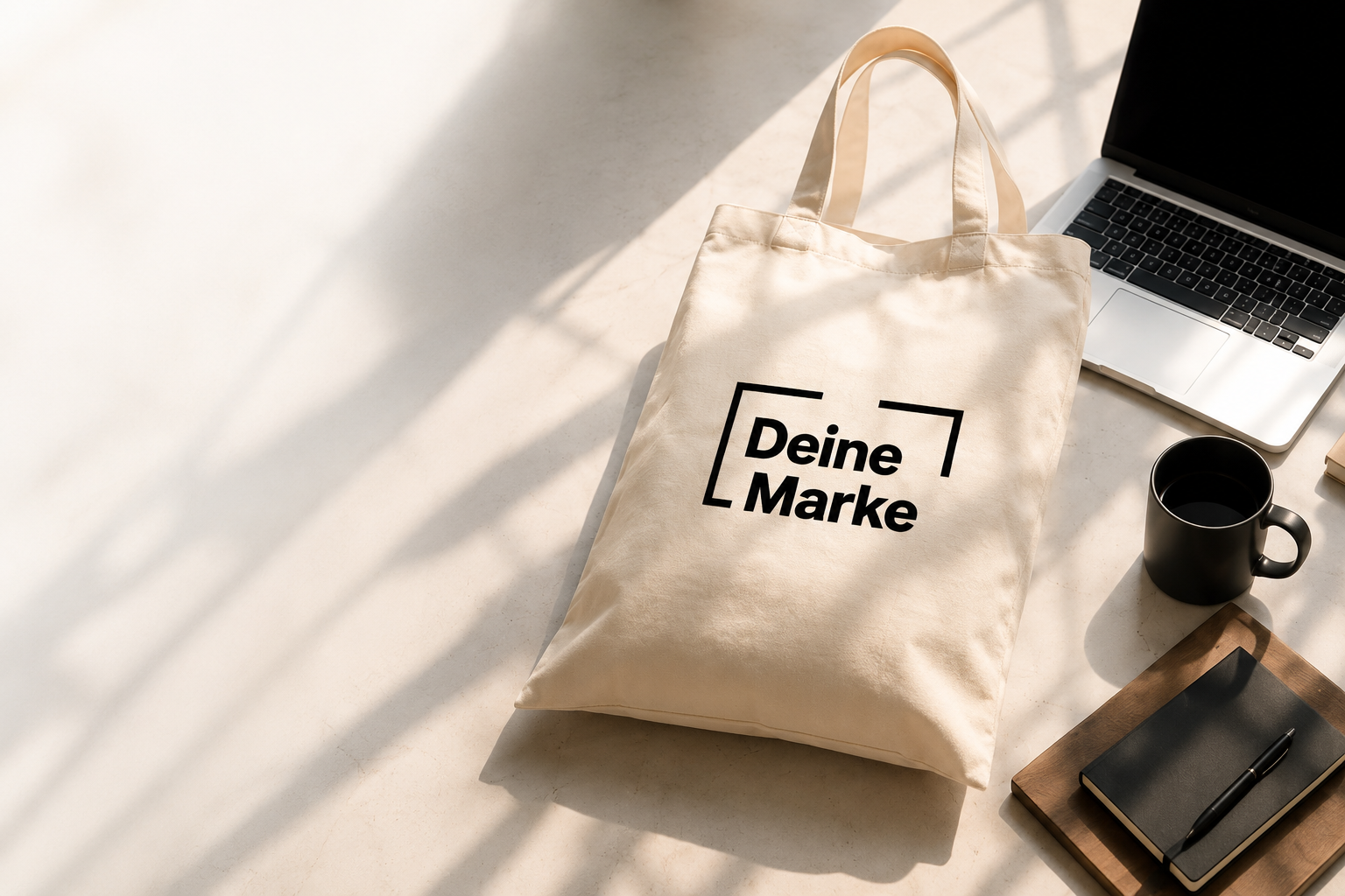 Premium Baumwolltasche mit Logo-Branding auf hellem Arbeitsplatz