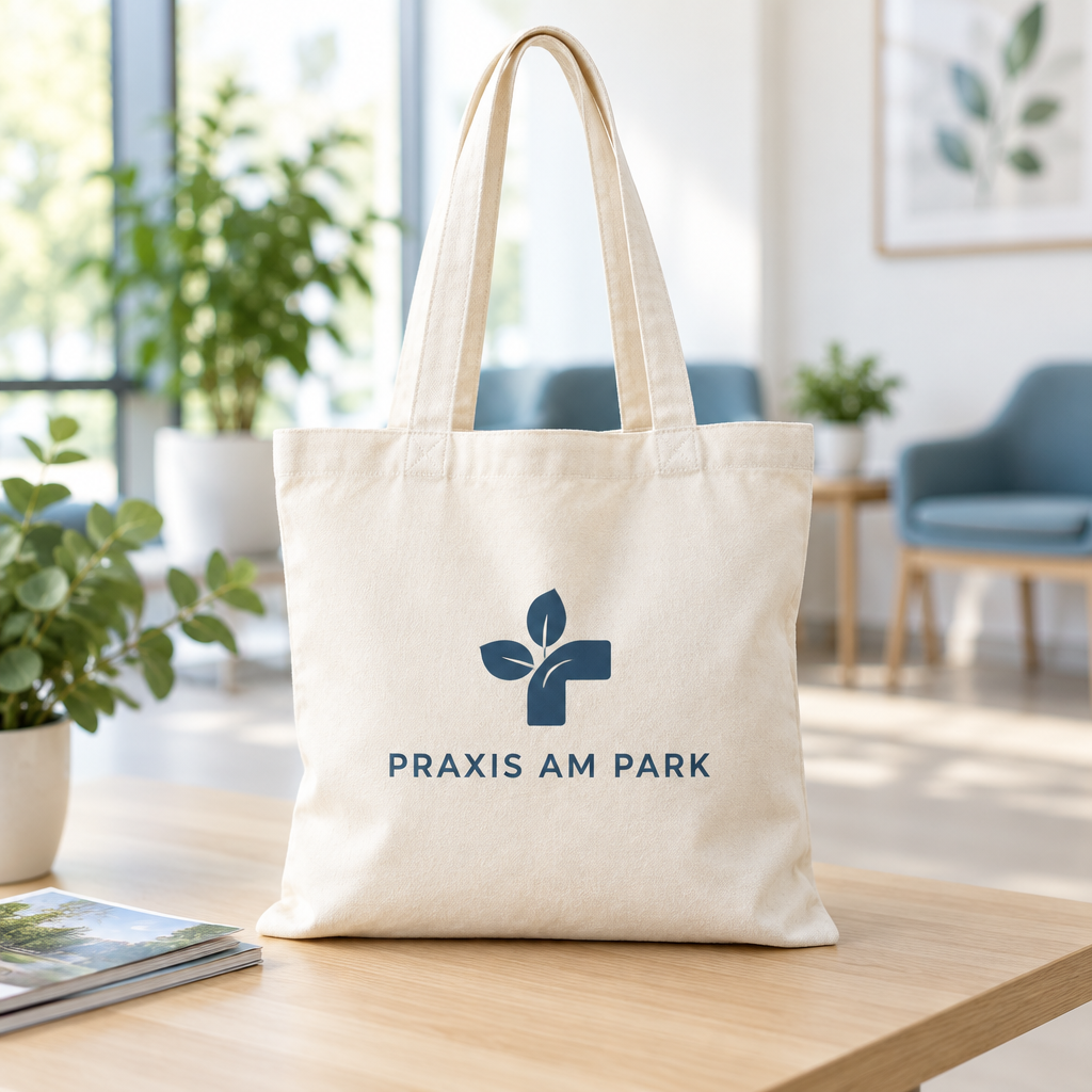 Beispiel einer bedruckten Baumwolltasche mit fiktiver Marke Praxis am Park