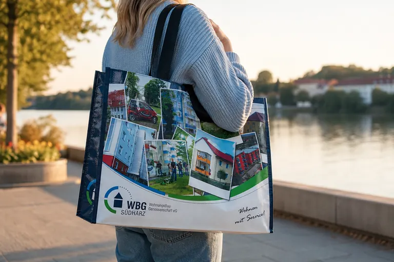 Wohnungswirtschaft – Fotocollage in Fotoqualität, dunkle Seitenfalten RPET-Woven-Tasche mit Fotocollage in Fotoqualität, getragen an einem Flussufer – Sonderanfertigung für eine Wohnungsbaugenossenschaft