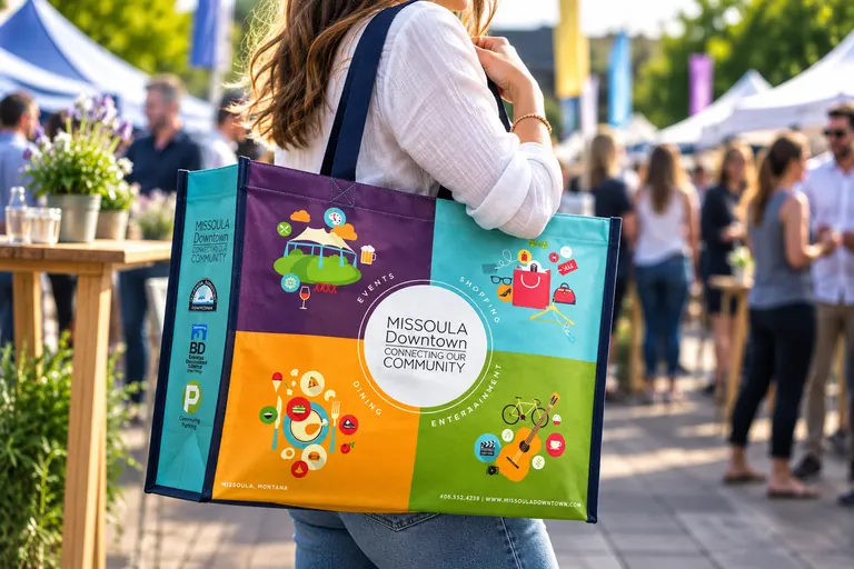 Stadtmarketing – 4-Farb-Motiv über alle Seiten, kontrastierende Gurte Frau mit bunter RPET-Woven-Tasche im Vierfarbdruck, aufgeteilt in vier Motivfelder – Werbetasche für eine Stadtmarketing-Initiative