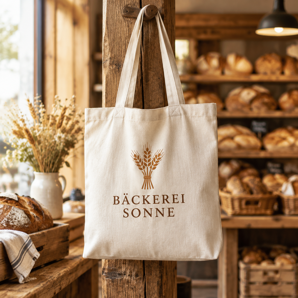 Beispiel einer bedruckten Baumwolltasche mit fiktiver Marke Bäckerei Sonne