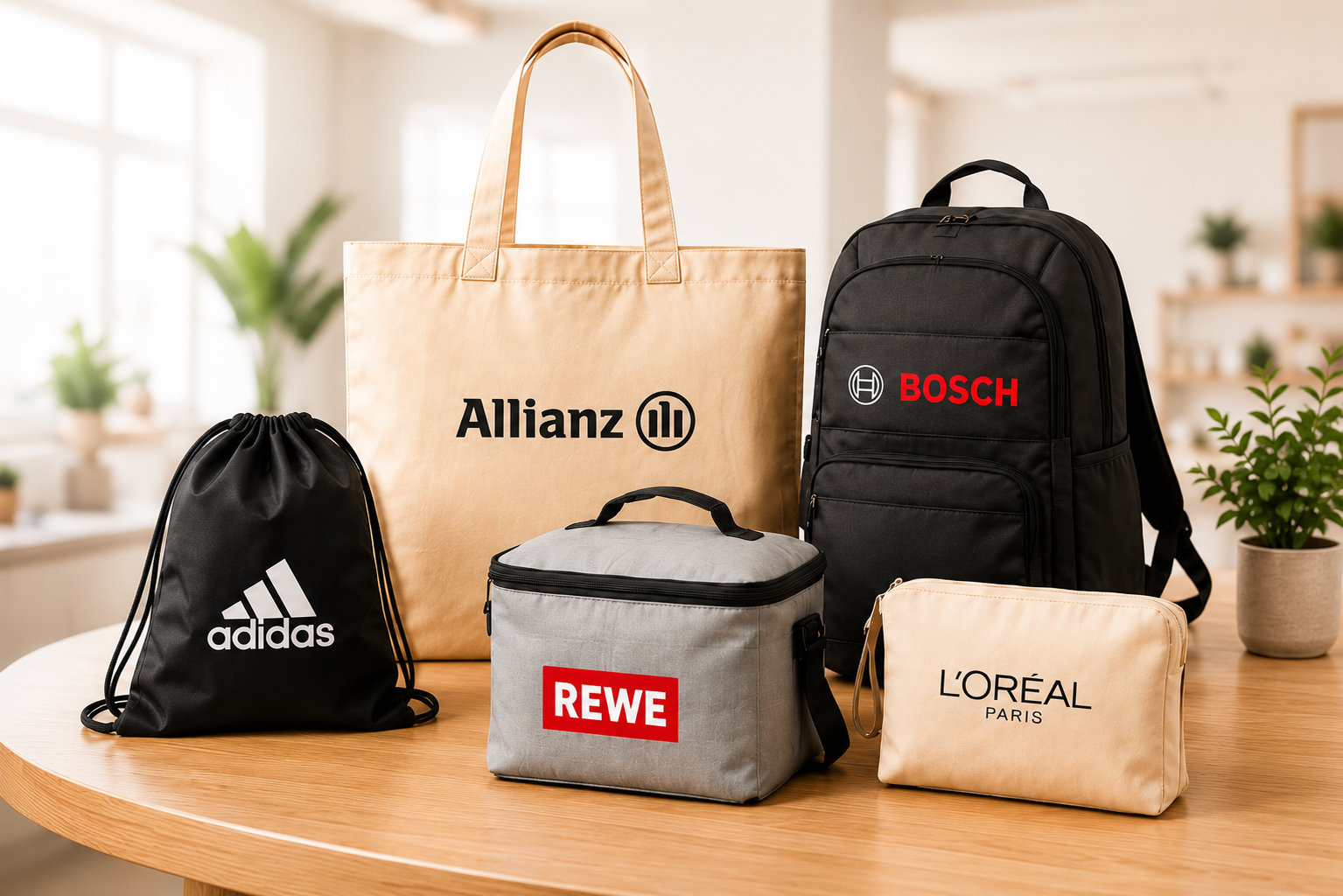 Werbetaschen mit Logo – Allianz, Bosch, adidas, REWE, L'Oréal