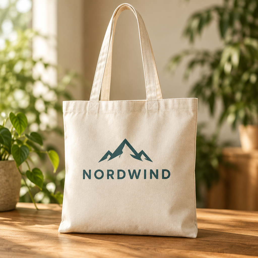 Beispiel einer bedruckten Baumwolltasche mit fiktiver Marke Nordwind