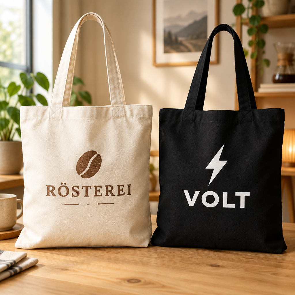Beispiel einer bedruckten Baumwolltasche mit fiktiver Marke Rösterei · Volt