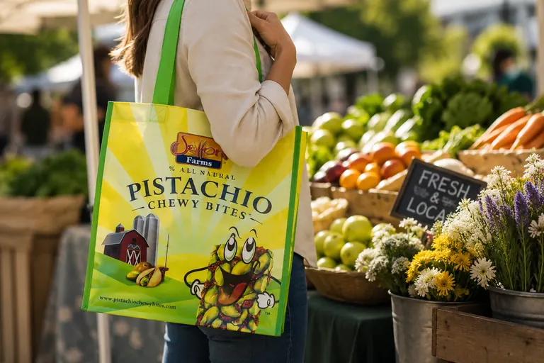Food & Retail – Farbstarkes Verlaufsmotiv, verstärkte Tragegriffe Gelbgrüne RPET-Woven-Einkaufstasche mit farbstarkem Food-Branding auf einem Wochenmarkt getragen