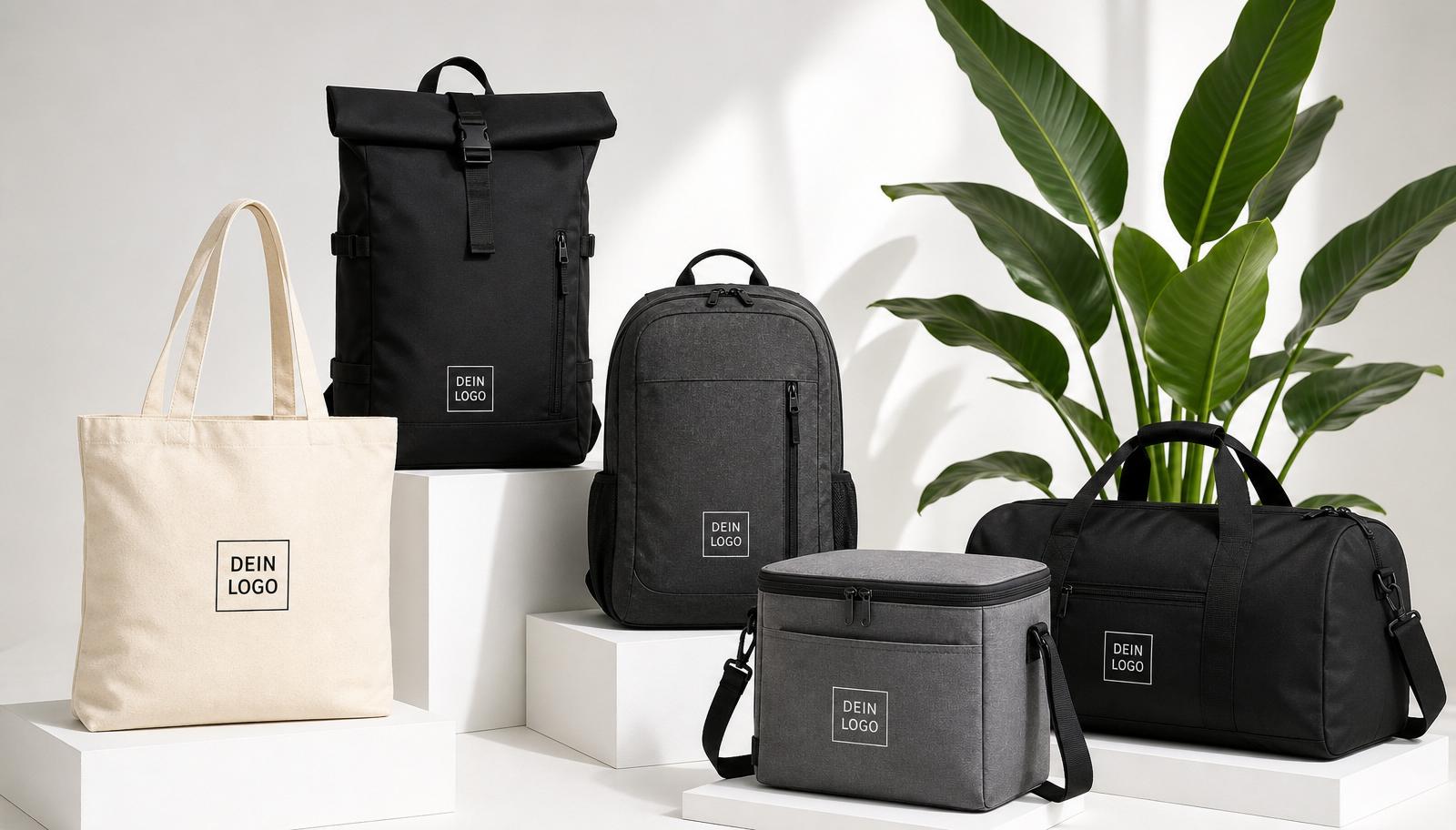 Kollektion aus Baumwoll-Shopper, Rolltop-Rucksack, Business-Rucksack, Kühltasche und Reisetasche mit Ihrem Logo