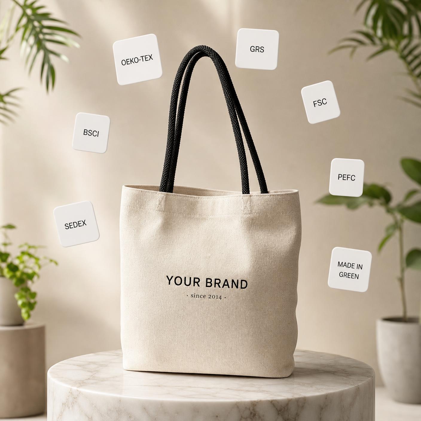 Zertifizierte Baumwolltasche mit schwebenden Zertifikats-Cards